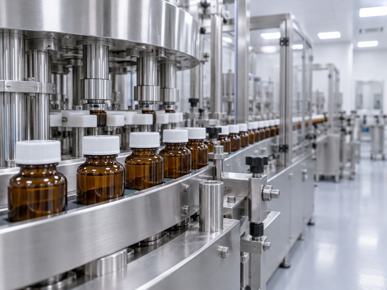 GMP cleanroom filling line with amber bottles (illustrative).