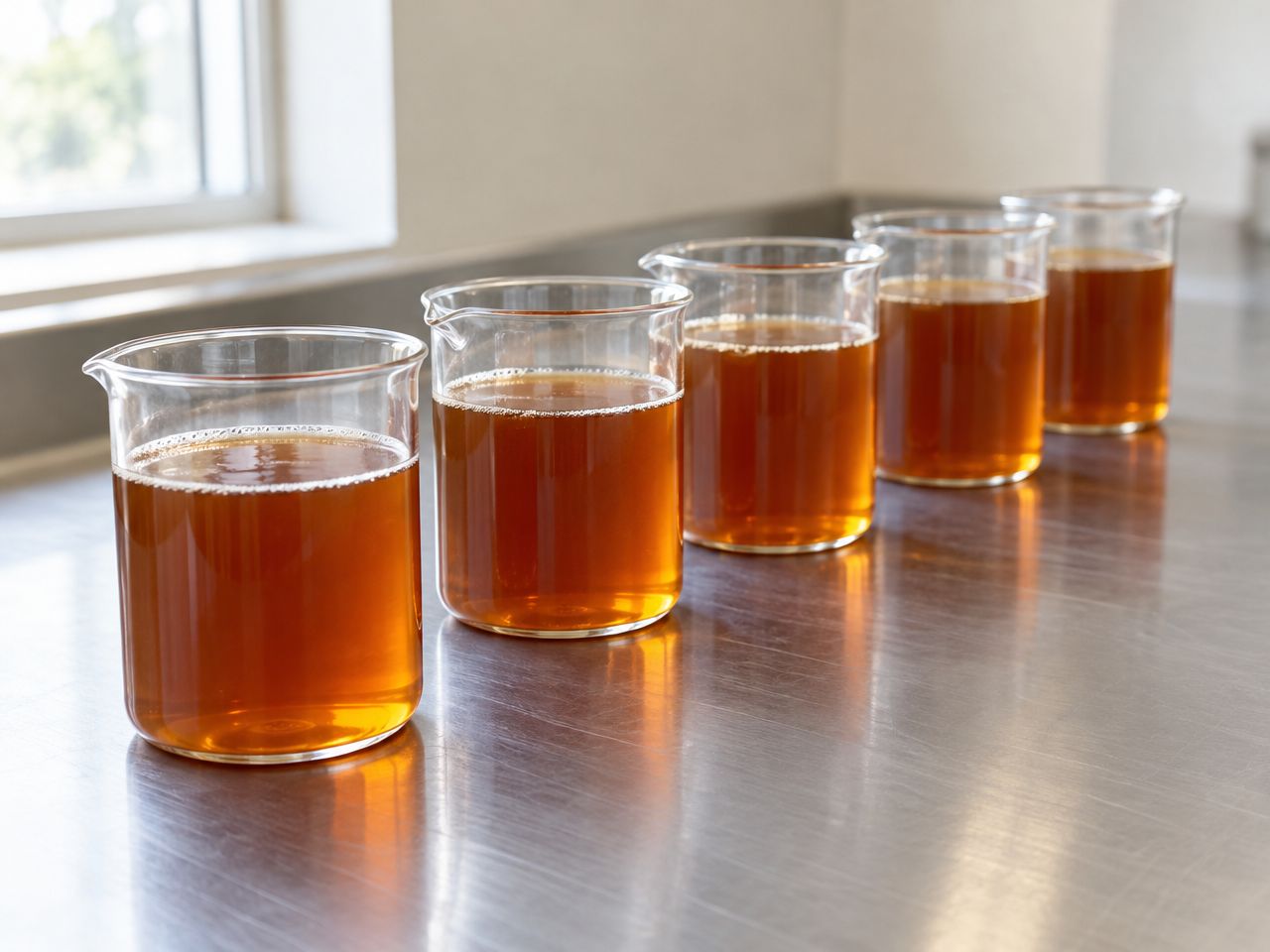 Laboratory beakers of an amber omega-3 and vitamin liquid in a stability sample series (illustrative).
